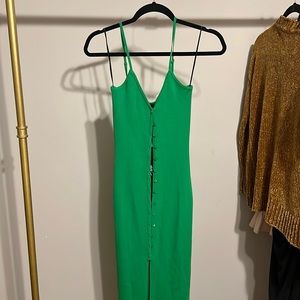 Slinky Long Front Split button down dress with spaghetti straps.